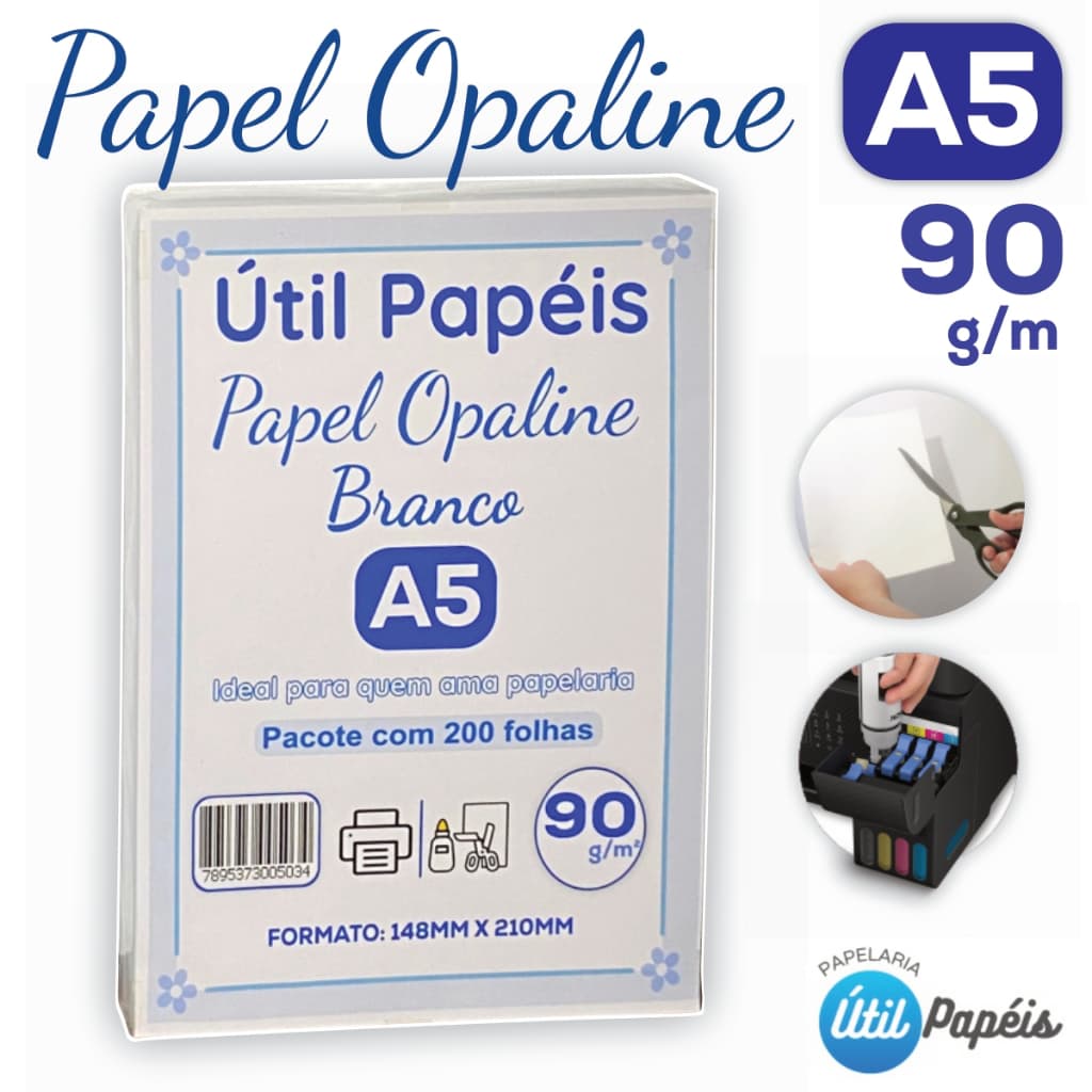 Papel Opaline 90g A5 - Pacote com 200 Folhas Branco Folha lisa OffSet 148x210 Jato de tinta e Laser