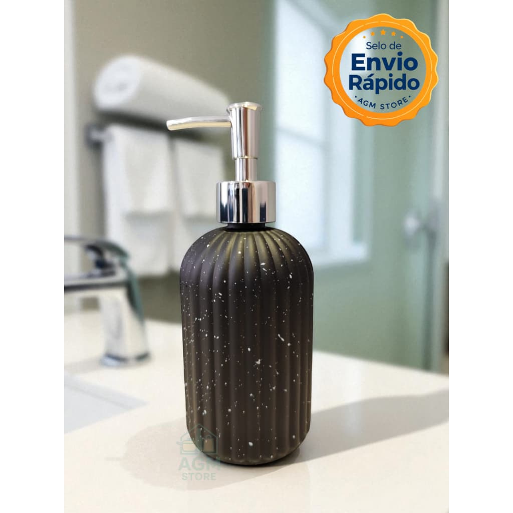 Frasco Porta Sabonete Liquido 400ml Vidro Preto Redondo Válvula Prata para Banheiro