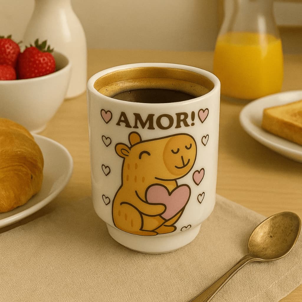 Copo de Porcelana Decorado Empilhável 150Ml Capivara Frases Fofa Leite e Café