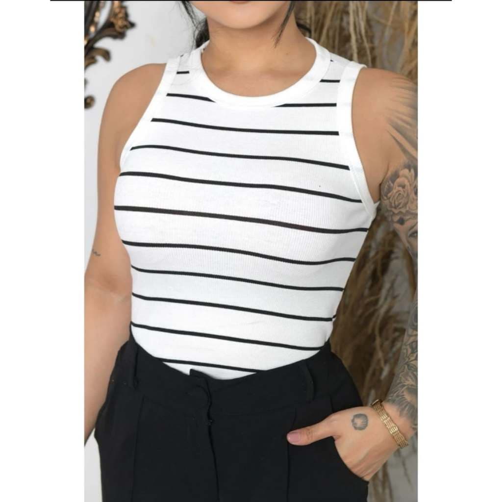 Camiseta Feminina  Regata Canelada Listrada e Lisa Ribana Camiseta Básica Blusa Regata Casual