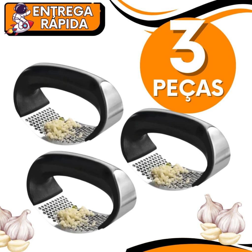 KIT JOGO 3 Triturador Amassador Alho 11cm Batata Legumes AçoInox Triturador Manual Prático Multiuso Universal Cabo Preto