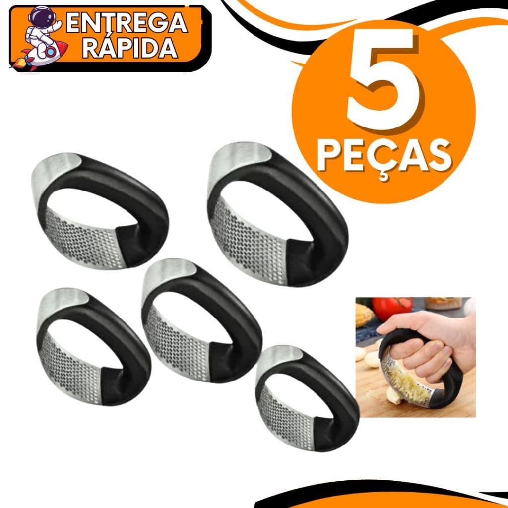 KIT JOGO 5 Triturador Amassador Alho 11cm Batata Legumes AçoInox Triturador Manual Prático Multiuso Universal Cabo Preto