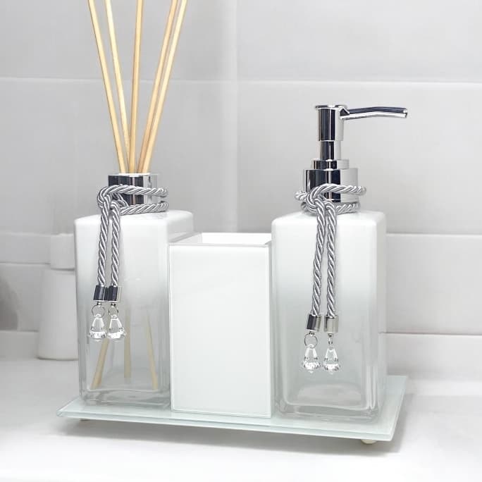 Kit Lavabo Branco Degrade Com Porta Escova Sabonete Líquido e Aromatizador de Ambiente Bandeja Luxo