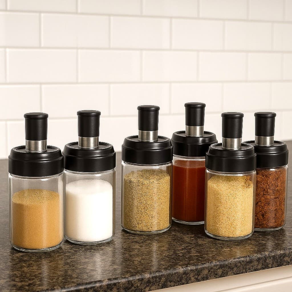 Kit 6 Potes de Vidro Tempero Açucareiro com Colher e Tampa de Plástico Preto 220ml Wolff