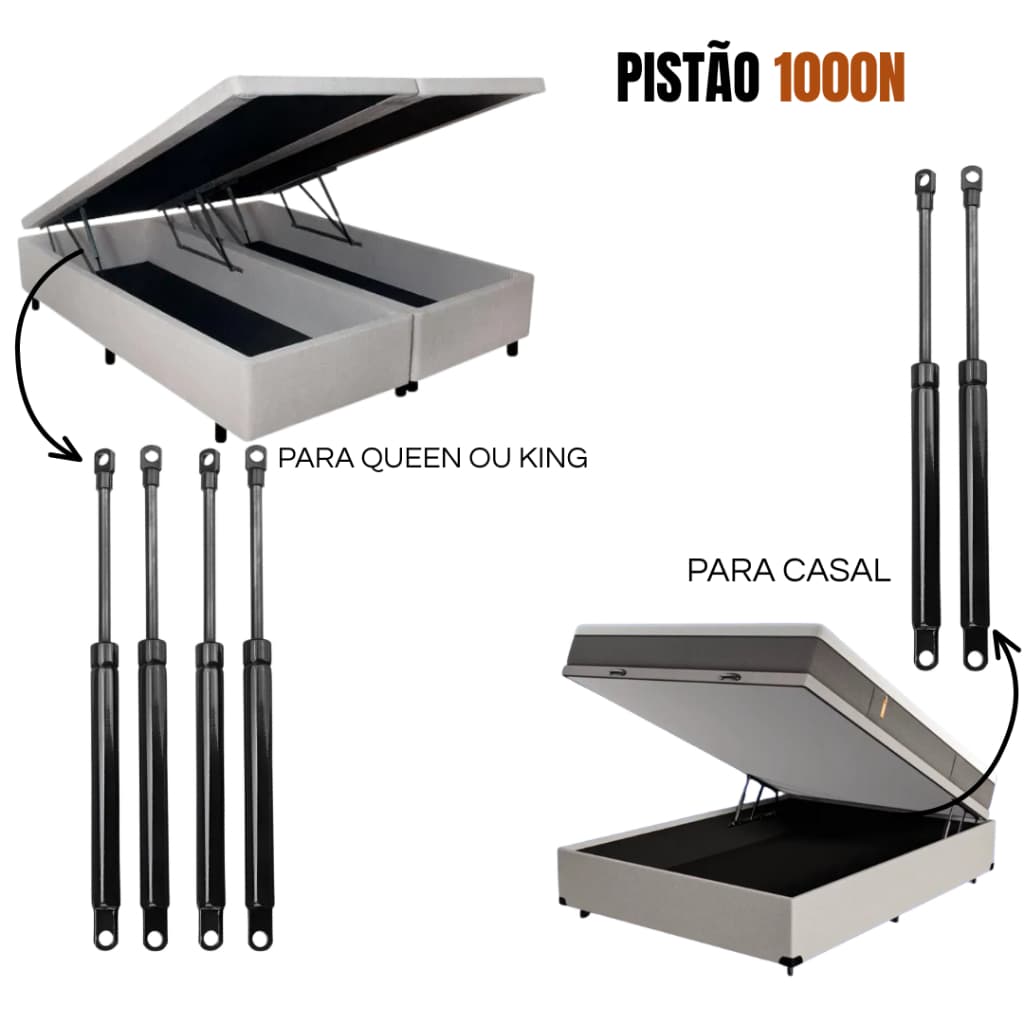 KIT PISTÃO AMORTECERDOR A GÁS 1000N OU 500N PARA CAMA BAÚ SOLTEIRO,CASAL, QUEEN OU KING