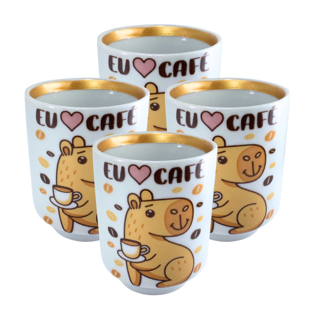 Kit 4 Copos de Capivara para Café da manhã Porcelana 150Ml Premium