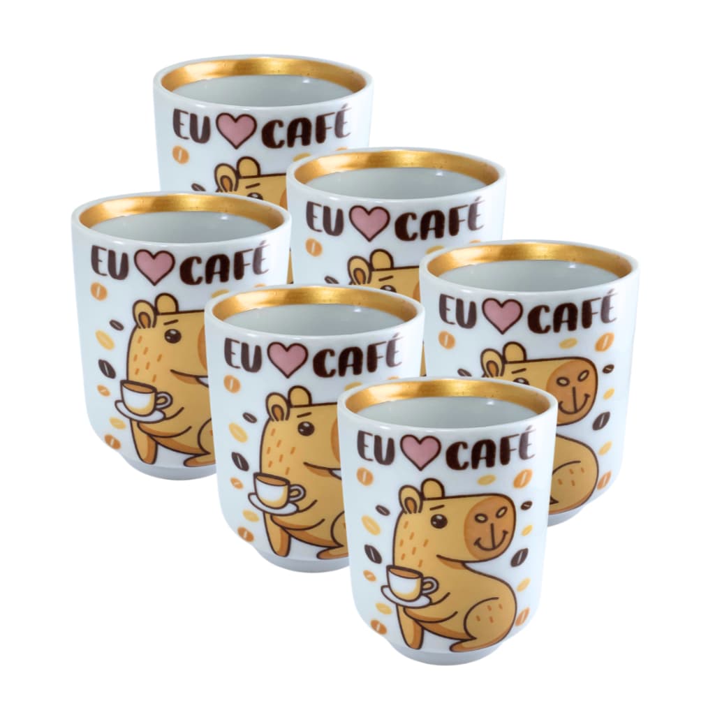 Mini Copo Capivara para Café Leite e Chá de Porcelana 150Ml Frases Sortidas 6 Peças