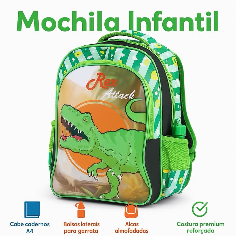 Mochila Infantil Menino Escolar Dinossauro Impermeável e Super Resistente