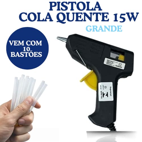 Pistola de Cola Quente Grande 10 bastões 15W Preta Bivolt  uso escolar, artesanato e reparos rápidos
