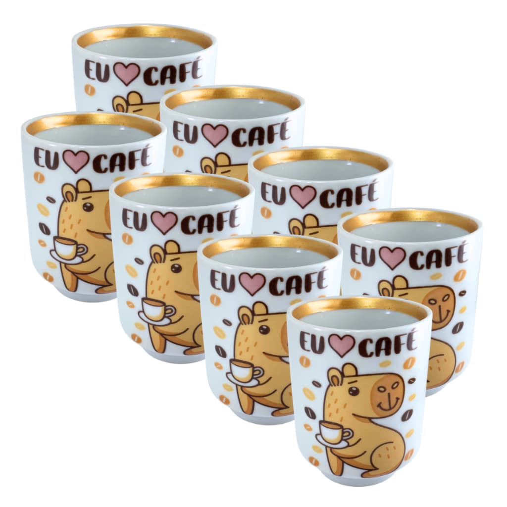 Kit 8 Copos Sortidos 150ml – Porcelana Capivara com Frases para o Seu Dia
