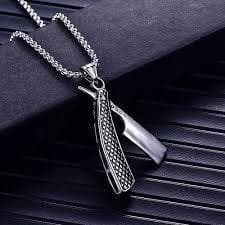 Pingente Aço Inox e corrente Barbeiro Cabeleireiro Navalha Barba Cabelo