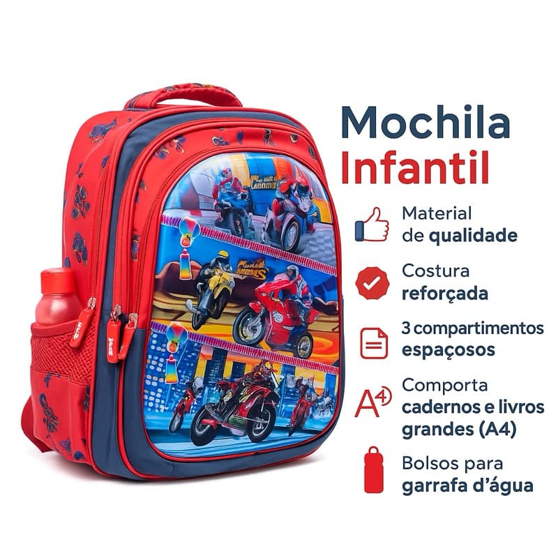 Mochila Escolar Infantil Menino Carros - Impermeável Resistente Qualidade Premium - Oxford PU Espaçosa 4 a 9 Anos