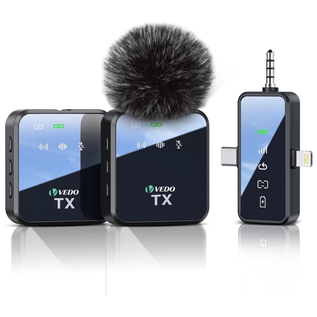 VEDO Microfone Lavalier sem fio para iPhone iPad e Android Microfone 3 em 1 2.4G Redução de Ruído Para Gravação De Vídeo