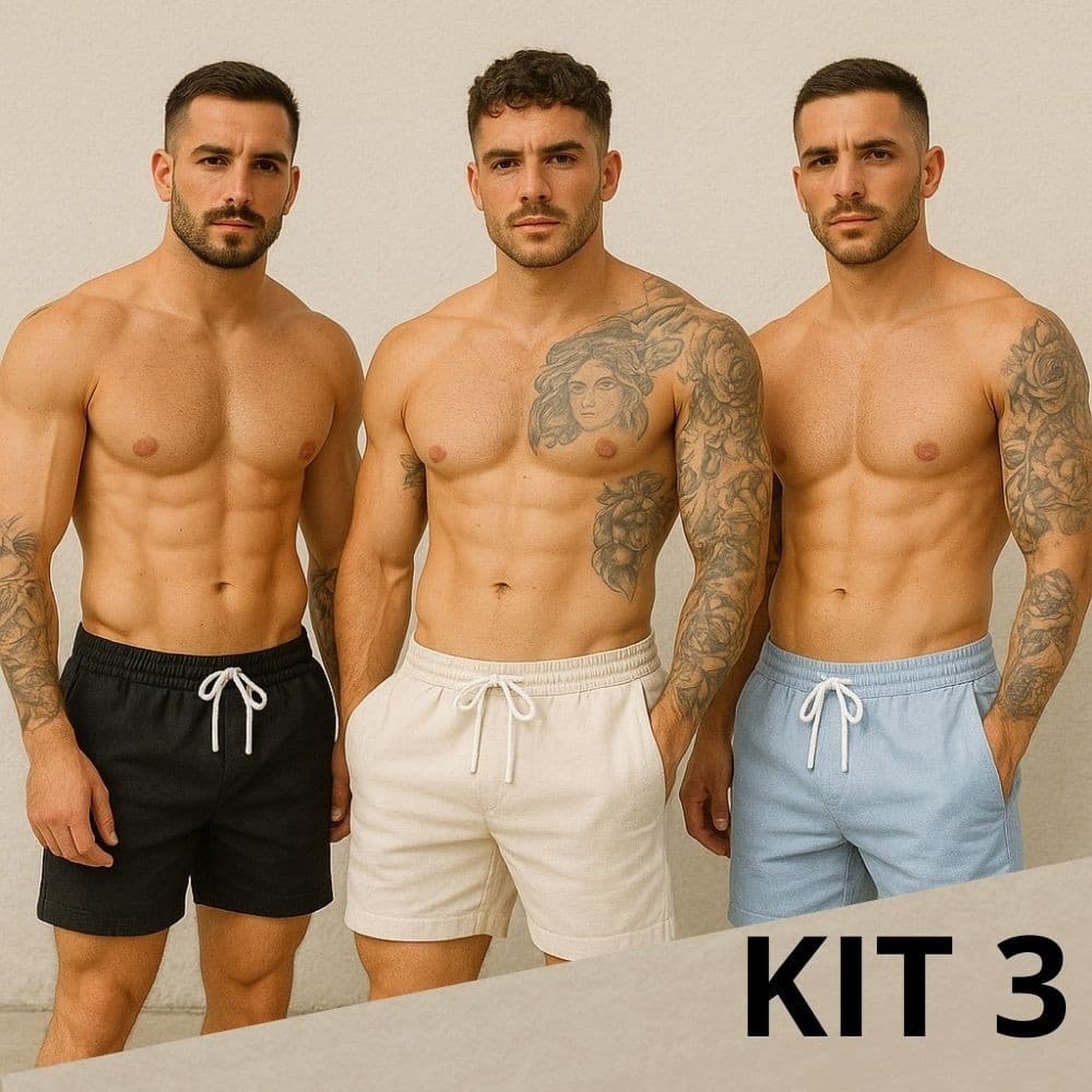 Kit 3 Short de Linho Masculino Mauricinho Bermuda Casual Slim Premio