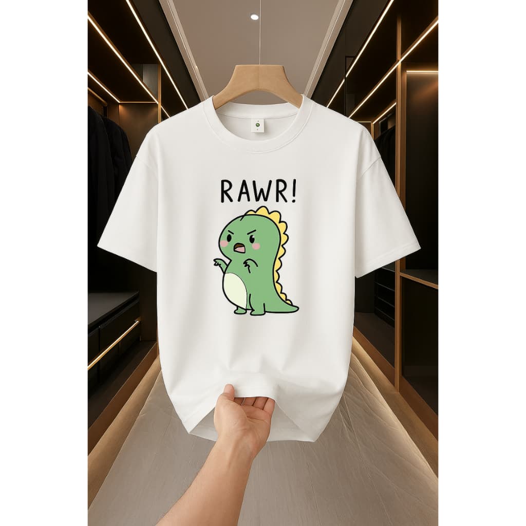 Camiseta Masculina Algodão Premium Adulto Plus Size Infantil Rawr Dinossauro Meigo Streetwear Over