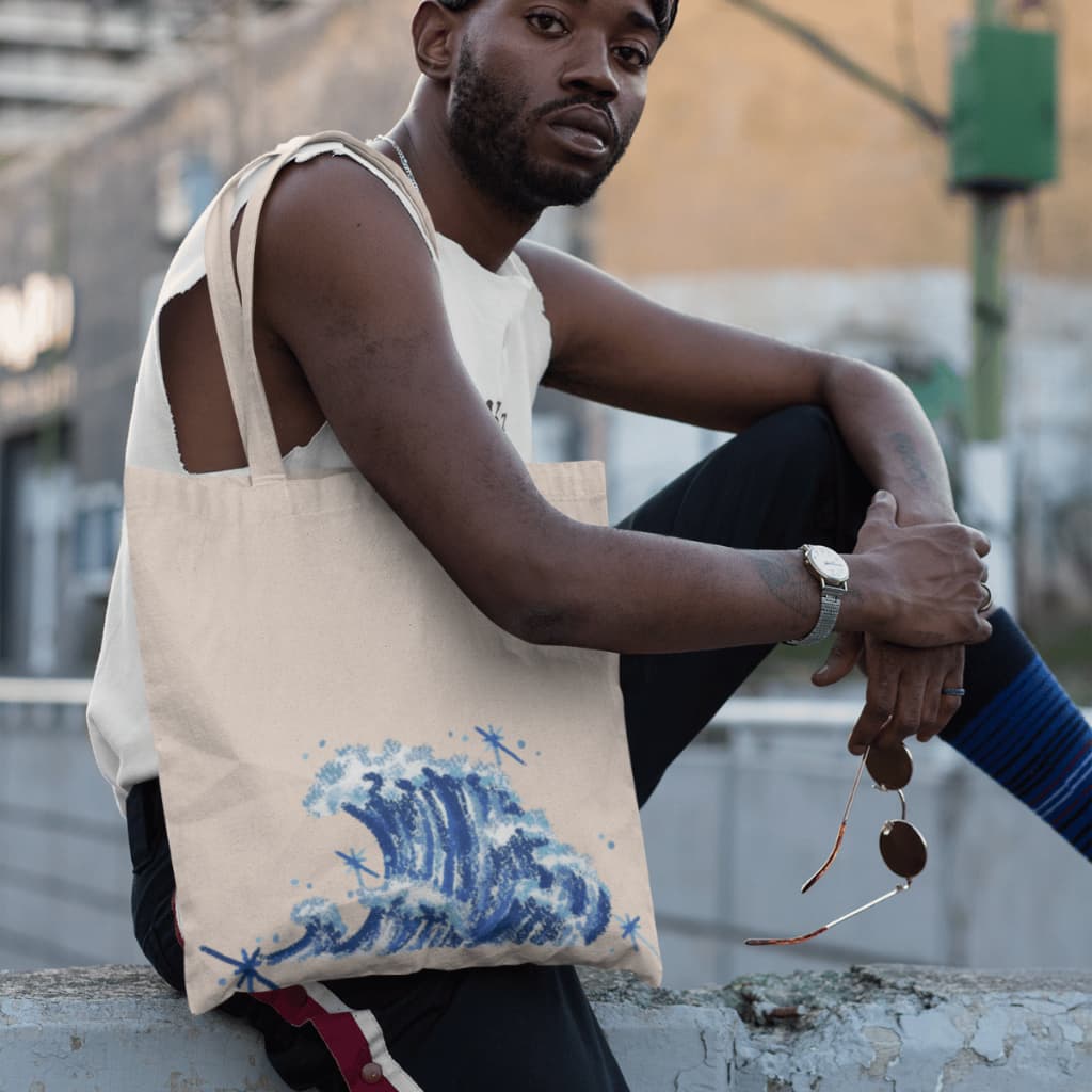 Bolsa Ecobag Para Praia Desenho De Onda Sacola Ecológica Casual Em Algodão Cru