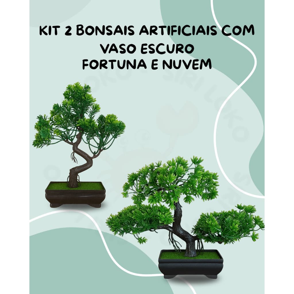 Kit 2 Bonsais Artificiais Realistas Com Vaso Escuro - Modelo Fortuna e Nuvem Decoração Zen