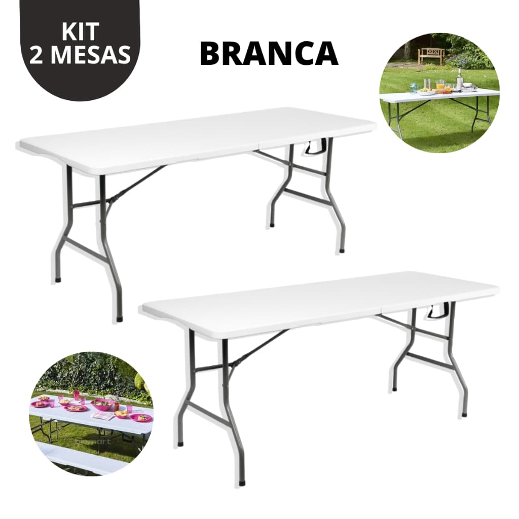 Kit 2 Mesas Dobráveis Portáteis Vira Maleta Com Alça Camping Jardim Área Externa e interna  1,80m