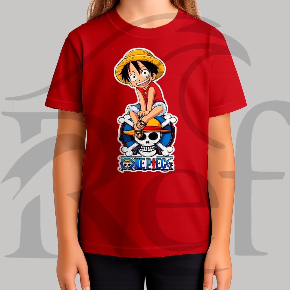 Camiseta Camisa Infantil Feminina Streetwear Luffy Sentado One Piece Malha Penteada Algodão Premium