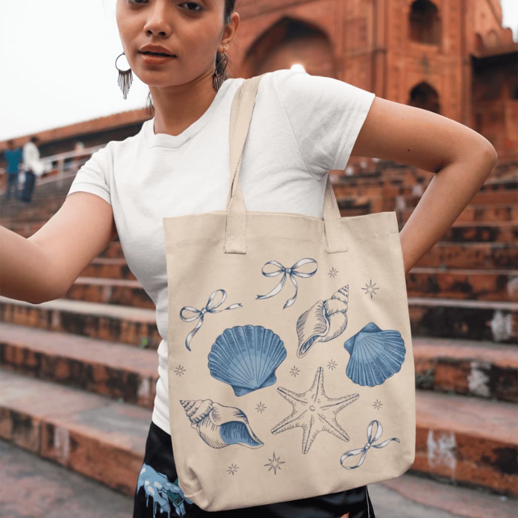 Bolsa Ecobag Para Praia Conchas Sacola Ecológica Casual Em Algodão Cru