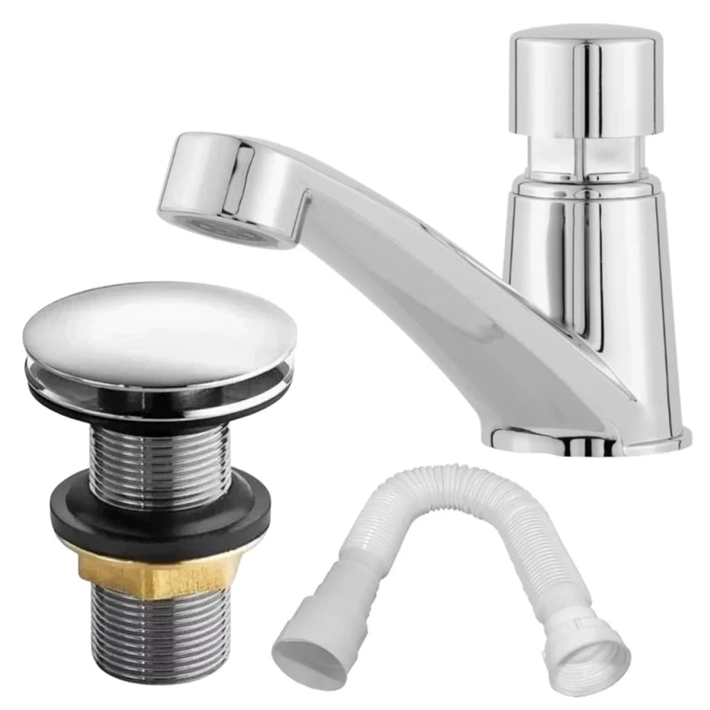 Kit Torneira Automática ABS Cromada de Bancada + Válvula Click 7/8 Cromada + Sifão Flexível Branco