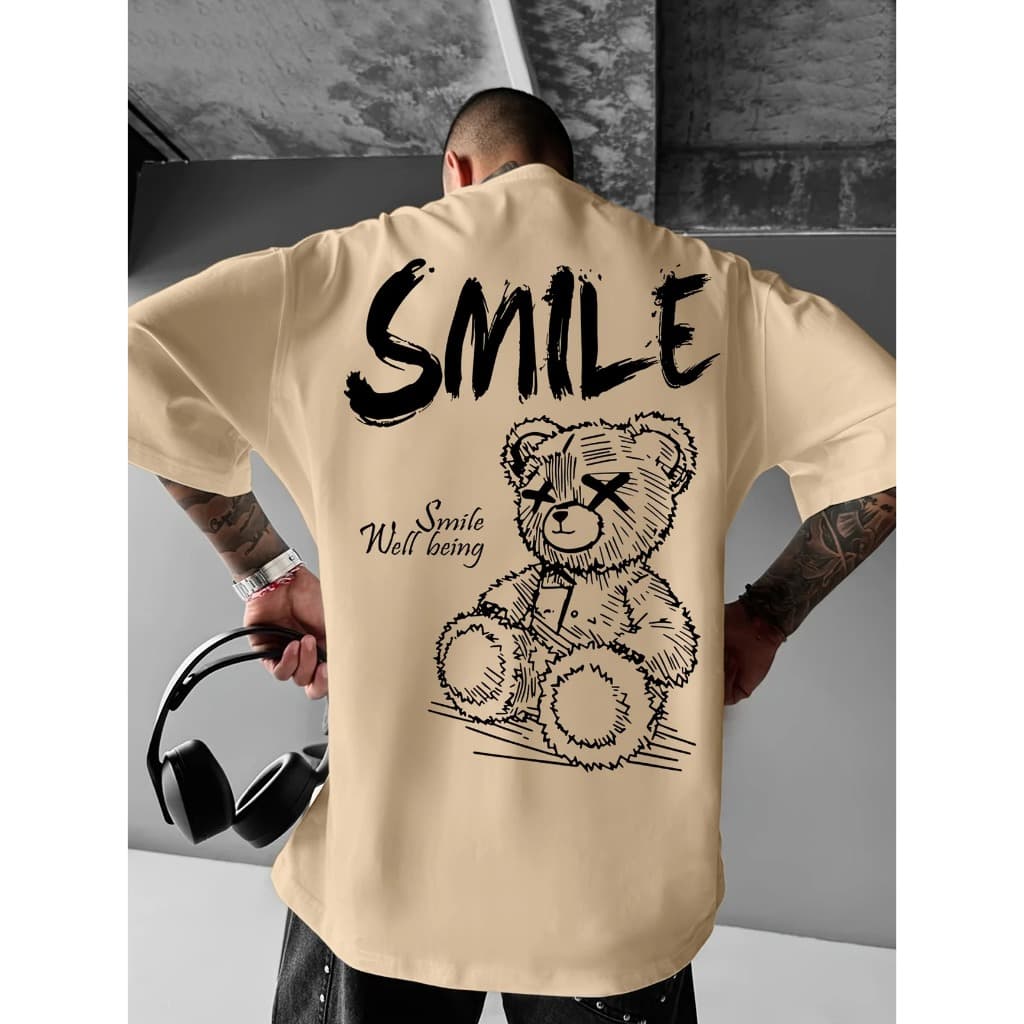 Camiseta Masculina Algodão Premium Adulto Plus Size Infantil Urso Being Smile Bear Streetwear Over