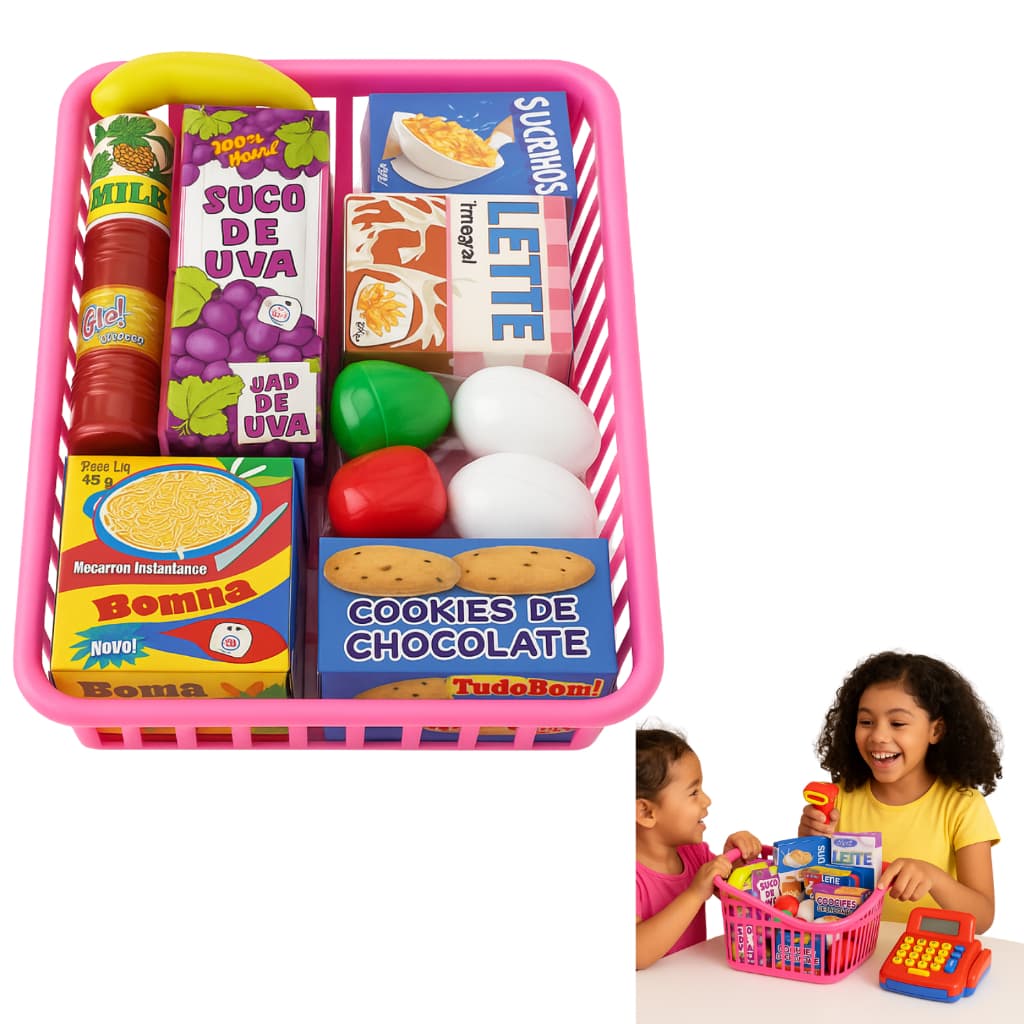 Brinquedo Kit Cozinha de Plástico 13 Peças com Cesta de Mercado