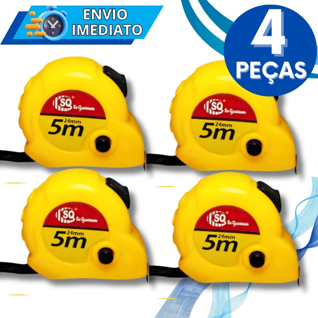 KIT Jogo 4 Trenas de Medição 5 Metros Profissional Fita Trena Métrica Retrátil Resistente Para Obras e Reforma Trava