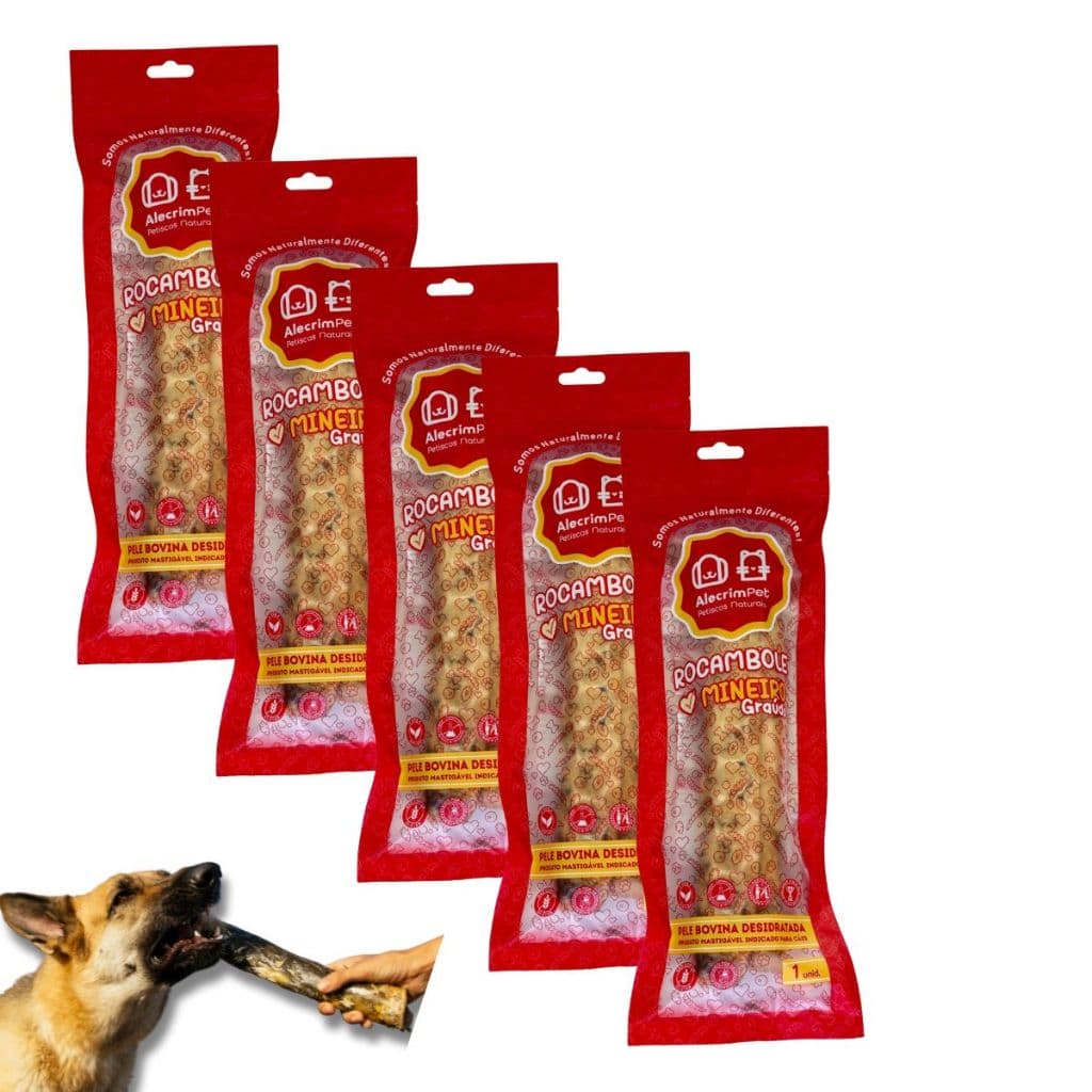 Kit 5 Pele Bovina Enrolada Mordedor Natural P/ Cães Rocambole Graúdo AlecrimPet