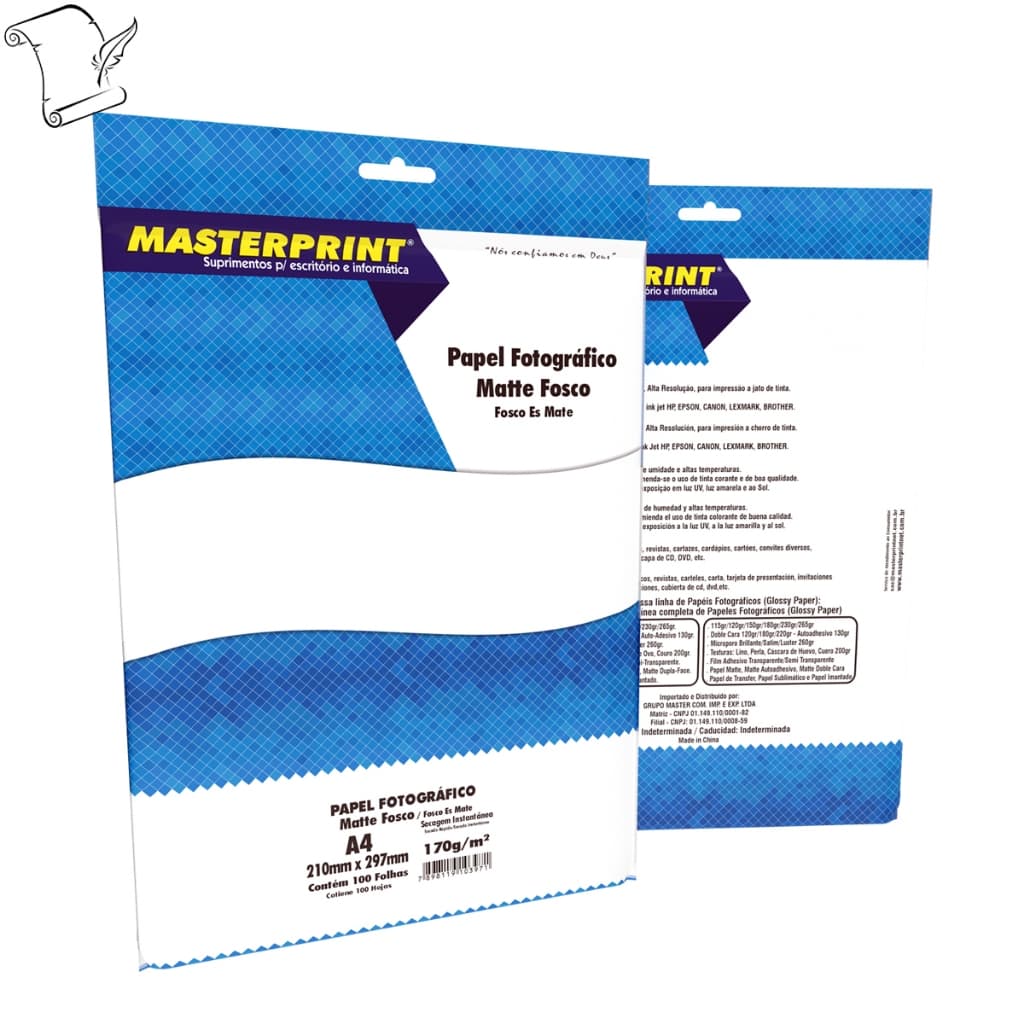 Papel Fotográfico A4 Matte Fosco 170g 100 Folhas Masterprint Impressão Jato de Tinta
