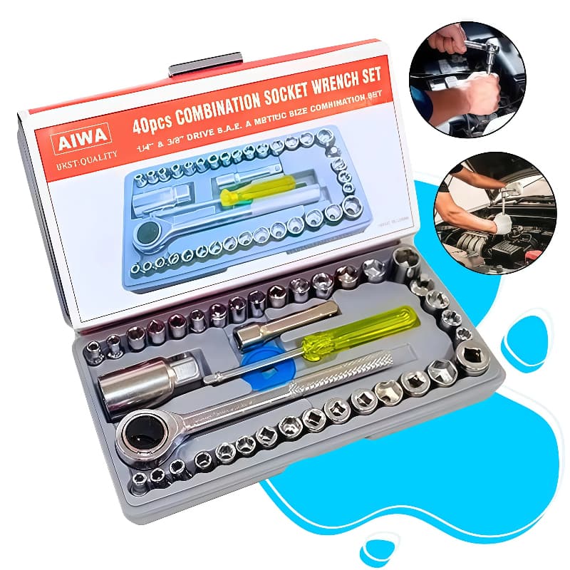 Kit De Ferramentas Catraca Reversível Jogo Soquetes Sextavo Chave Adapitador 40 Peças Jogo Completo