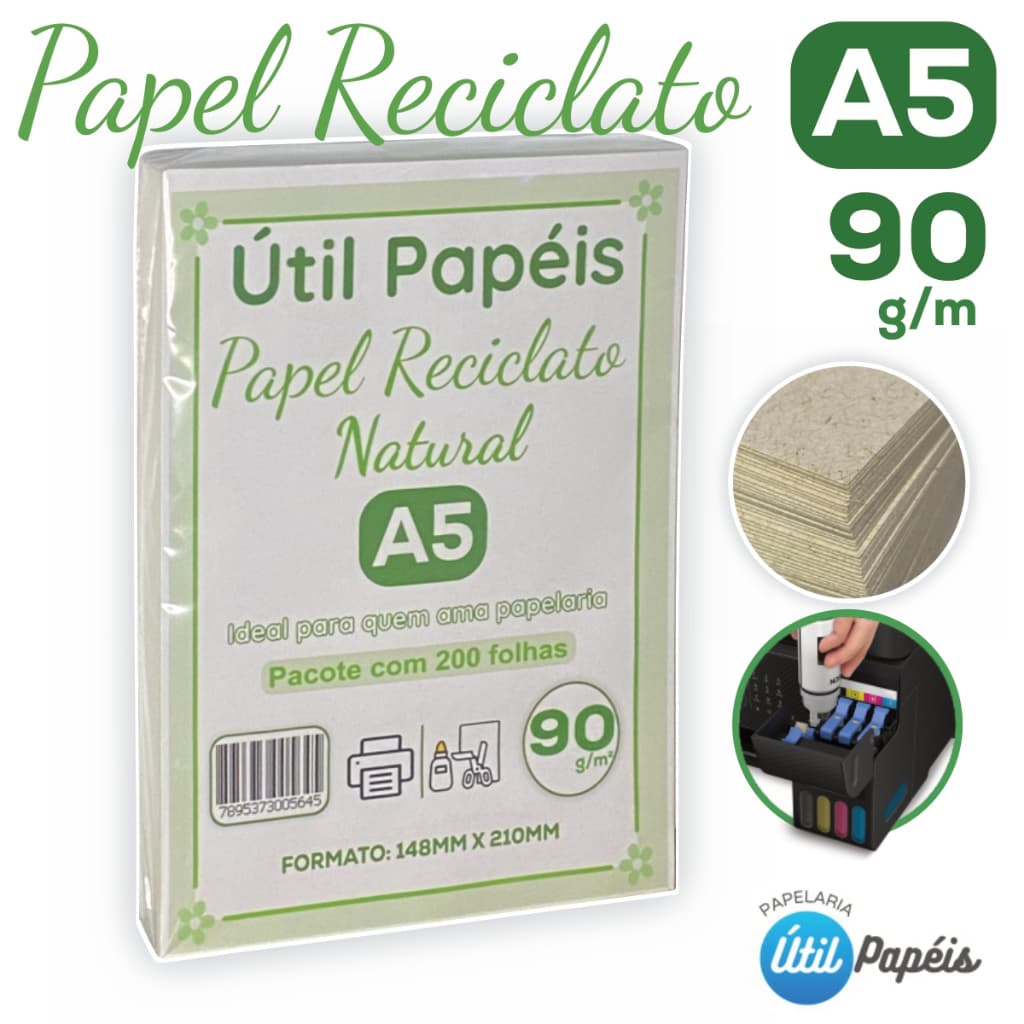 Papel Reciclado 90g A5 - Pacote com 200 Folhas 148x210mm Eco Sulfite Premium / Laser e Jato de tinta