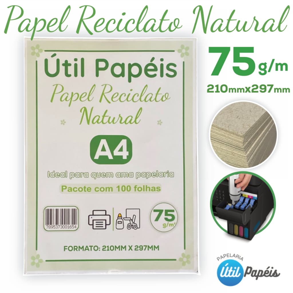 Papel Reciclado 75g A4 Pacote com 100 Folhas - 210x297mm Eco Sulfite Premium / Jato de tinta e Laser