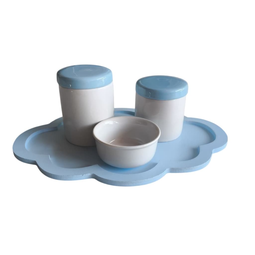 Kit higiene bebê porcelana branca tampa e bandeja nuvem azul menino maternidade 4 peças