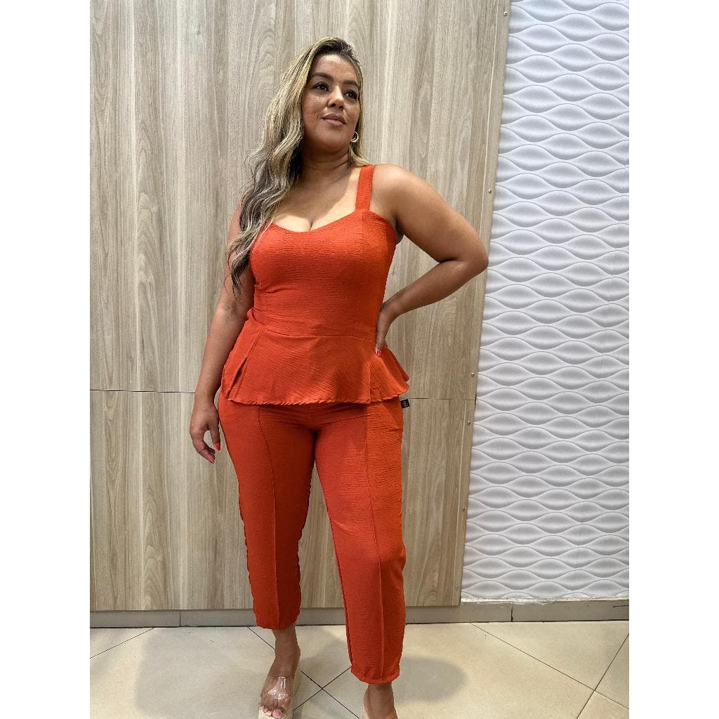 Conjunto Feminino Tecido Duna Blusa Peplum + Calça | P ao G| Bege, Preto, Terra Cota
