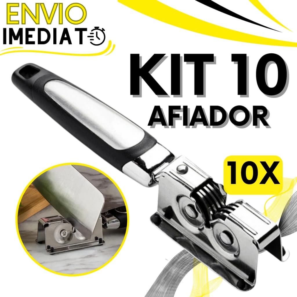 KIT Jogo 10 Afiador Amolador de Facas Tesoura Aço Inox Alta Resistência 3 Lâminas com Cabo Ergonômico Para Casa Cozinha