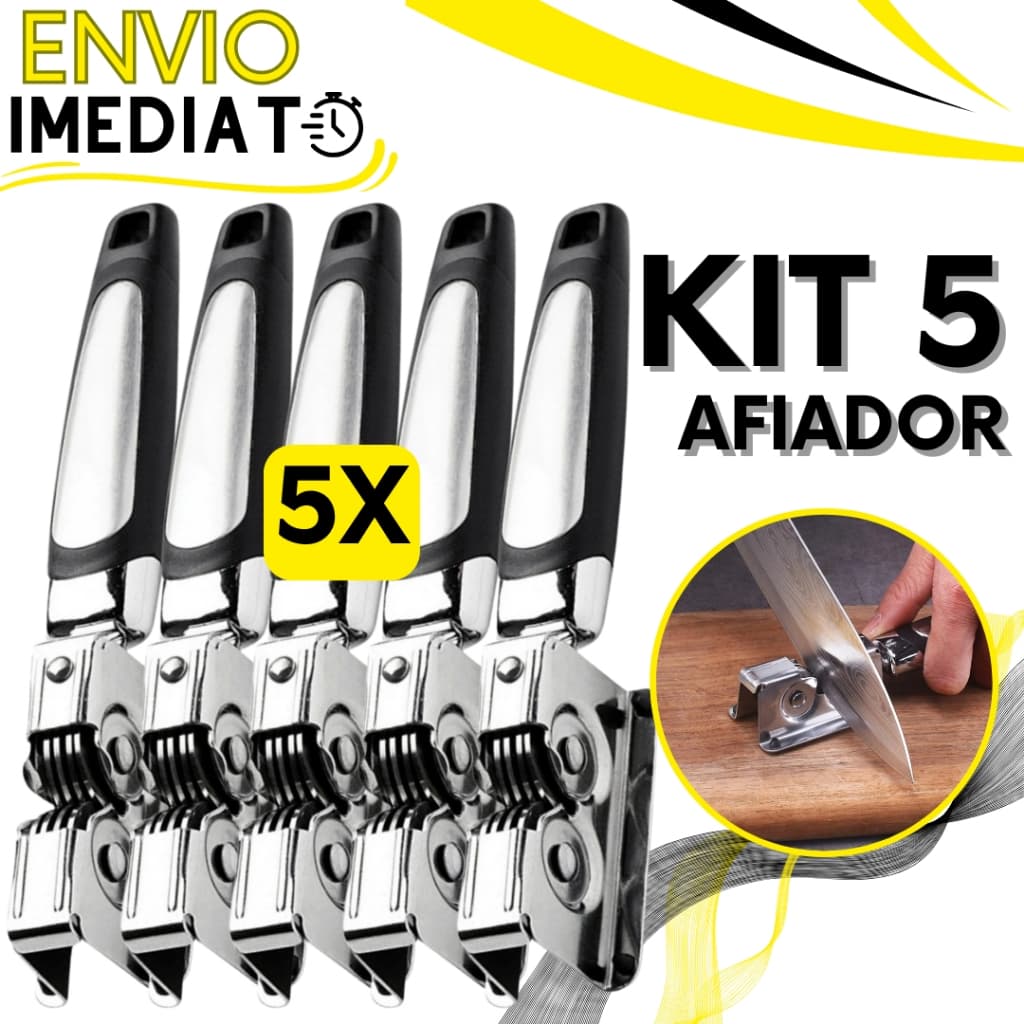 KIT Jogo 5 Afiador Amolador de Facas Tesoura Aço Inox Alta Resistência 3 Lâminas com Cabo Ergonômico Para Casa Cozinha