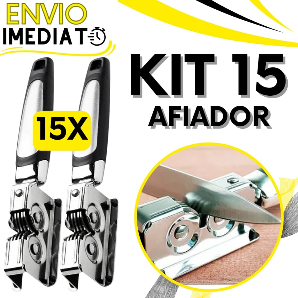 KIT Jogo 15 Afiador Amolador de Facas Tesoura Aço Inox Alta Resistência 3 Lâminas com Cabo Ergonômico Para Casa Cozinha