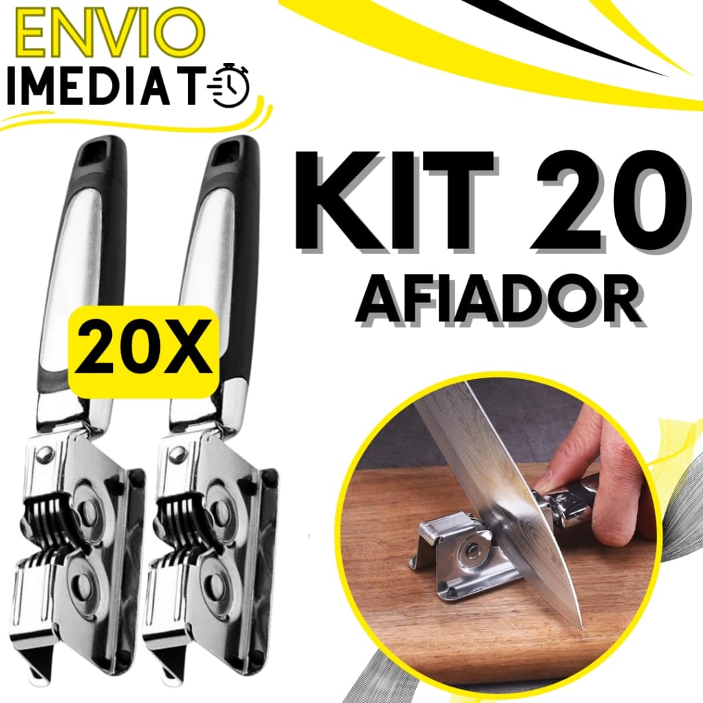 KIT Jogo 20 Afiador Amolador de Facas Tesoura Aço Inox Alta Resistência 3 Lâminas com Cabo Ergonômico Para Casa Cozinha