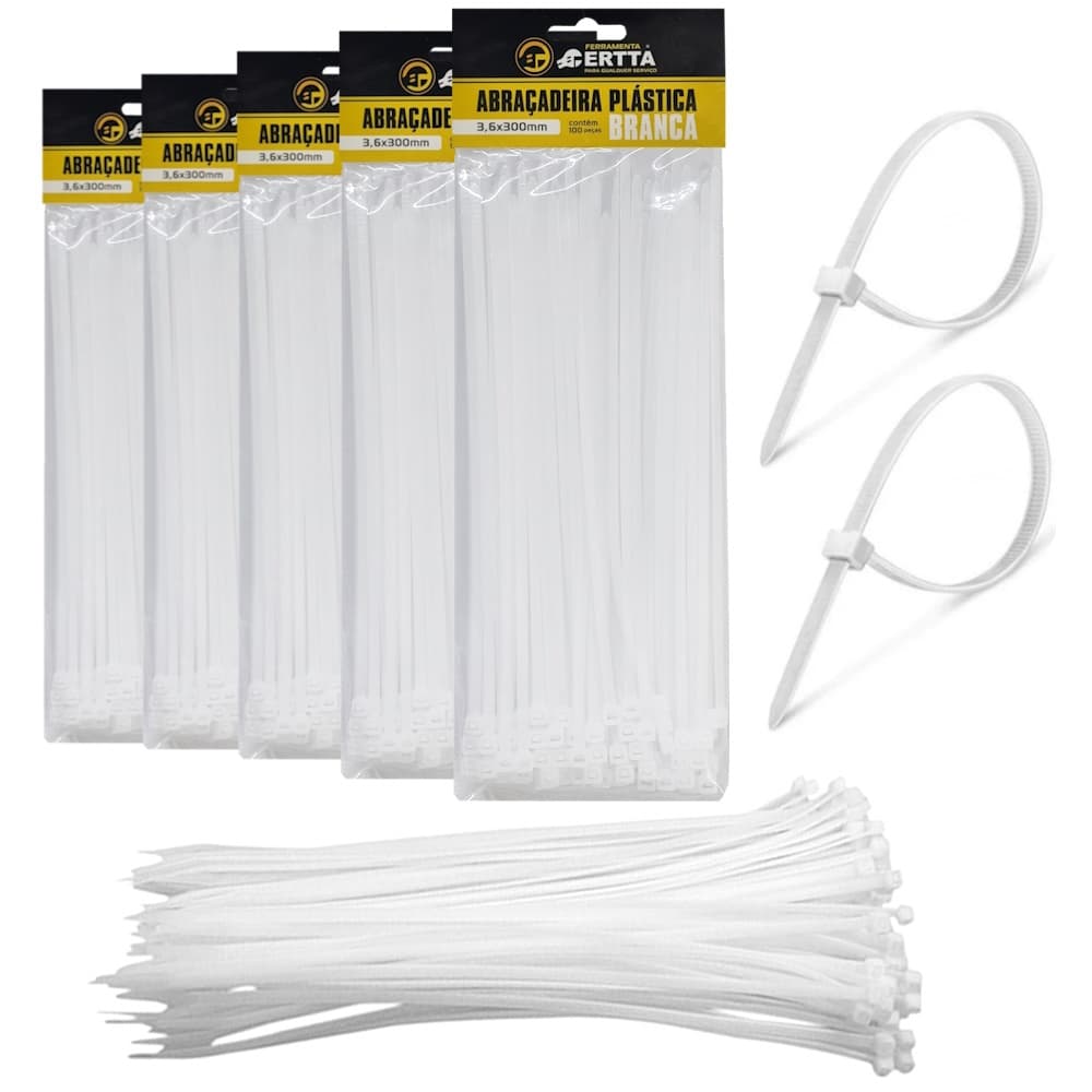 Kit 500 Abraçadeiras Nylon Enforca Gato 3.6x300mm Branca Cinta Plástica Lacre Organizador