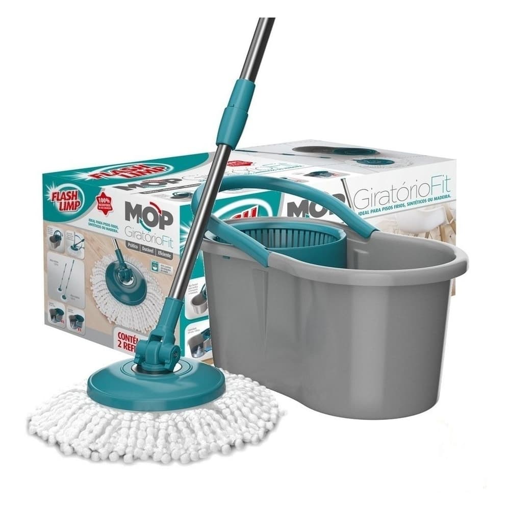 Mop Giratório Balde 8 Litros Original Flash Limp com Cabo Inox e Refil Microfibra