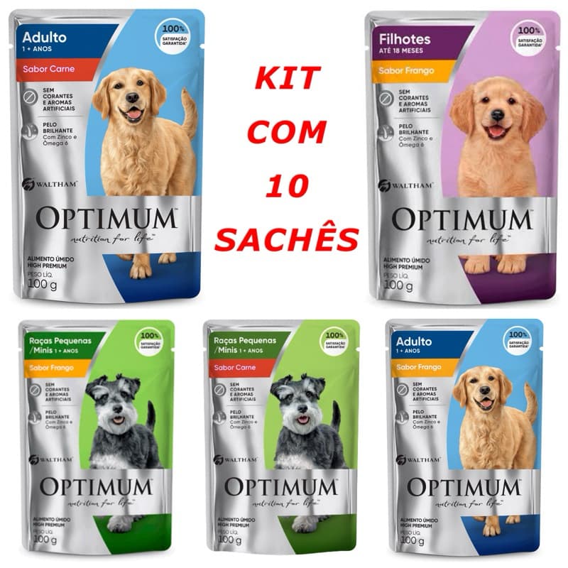 Kit com 10 sachês Optimum Cachorros 100g diversos sabores - Ração Úmida