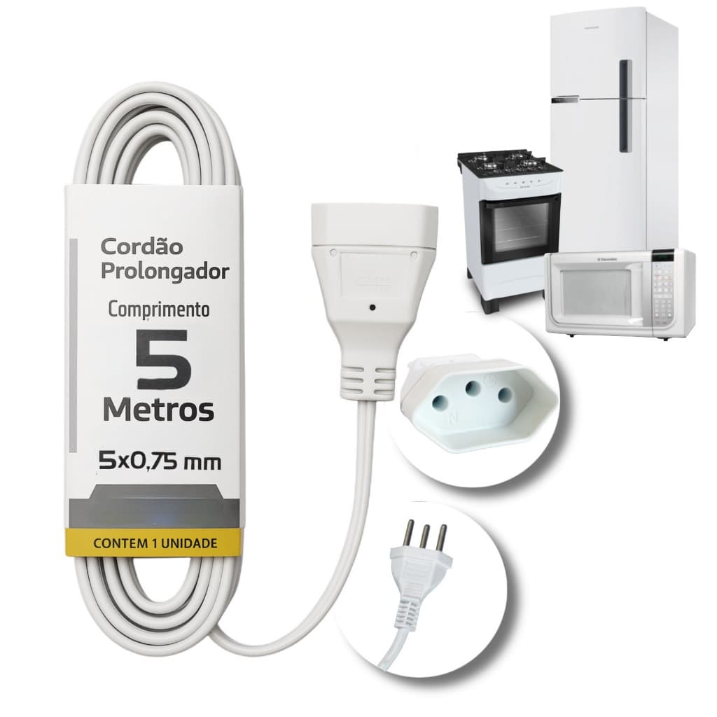 Cordão Prolongador Tripolar 5 Metros Bivolt Branco 127V/220V