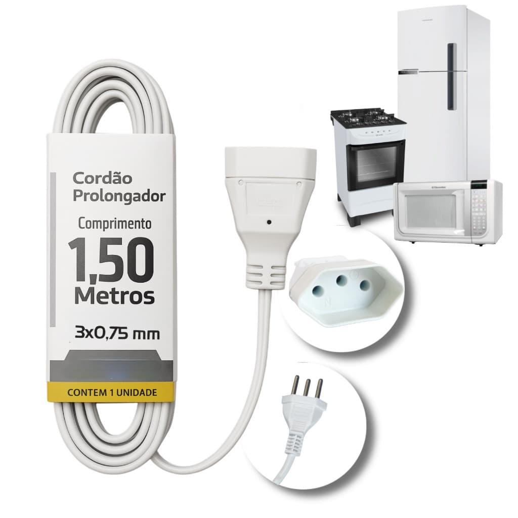 Cordão Prolongador Tripolar 1,5m Bivolt 10A – Extensão Elétrica com Plug Tripolar
