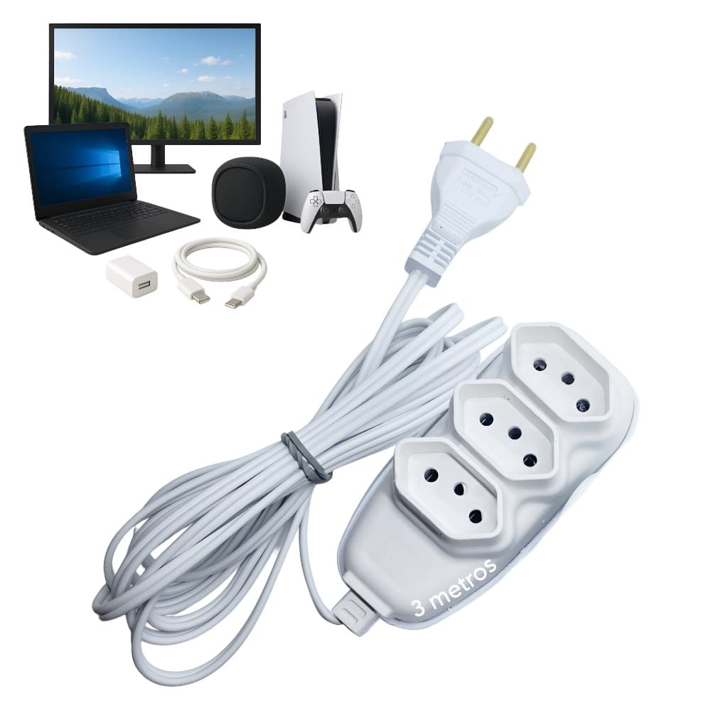 Extensão 2P + T 3 Tomadas 3 Metros 3 Pinos Tripolar Bivolt