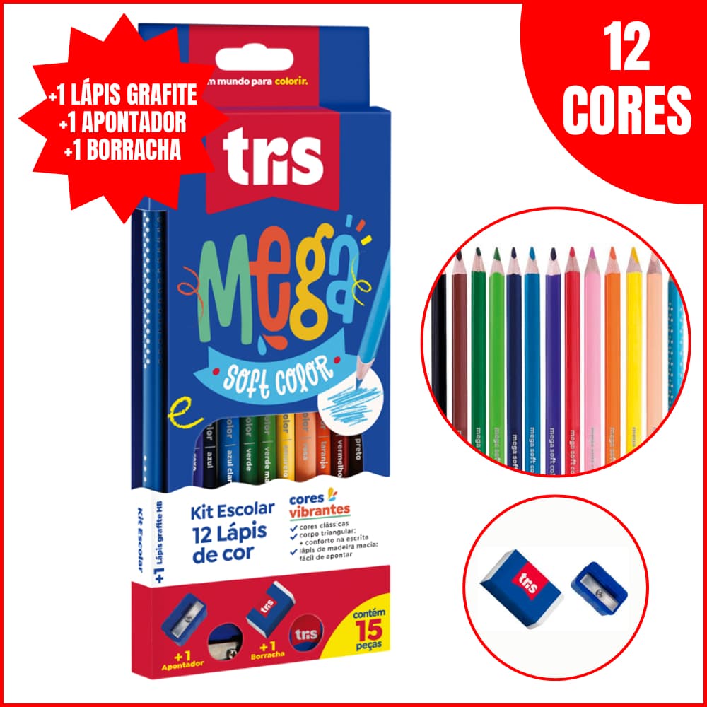 Kit Lápis de Cor Escolar Tris 12 Cores Soft + Lápis HB + Apontador + Borracha