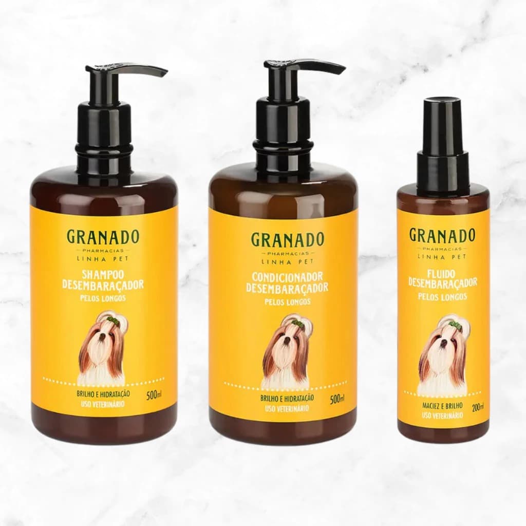 Kit Shampoo + Condicionador + Fluido Desembaraçador Granado Pet Pelos Longos Cachorros e Gatos 500ml