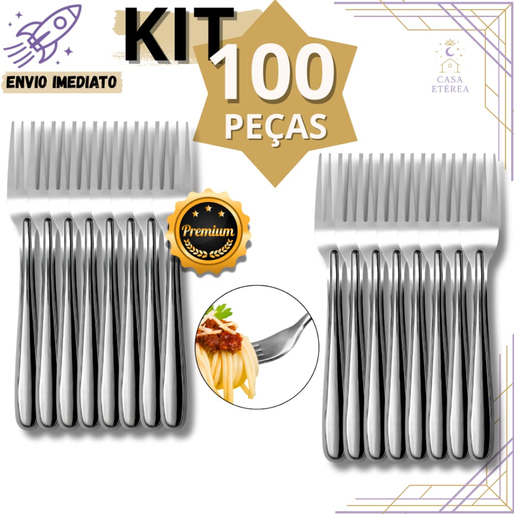 Kit 100 Garfo de Mesa de Aço Inox Talher Premium para Refeições de Casa Restaurante Lanchonete Buffet