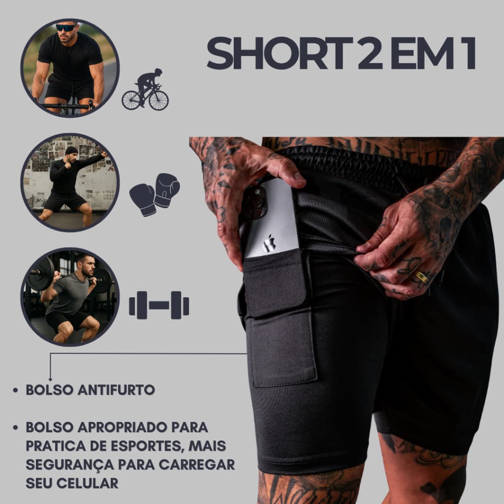 Shorts Masculino Bermuda Academia Masculina 2 em 1 Corrida Treino C/ Bolso Anti Furto Short Dry Fit Leve