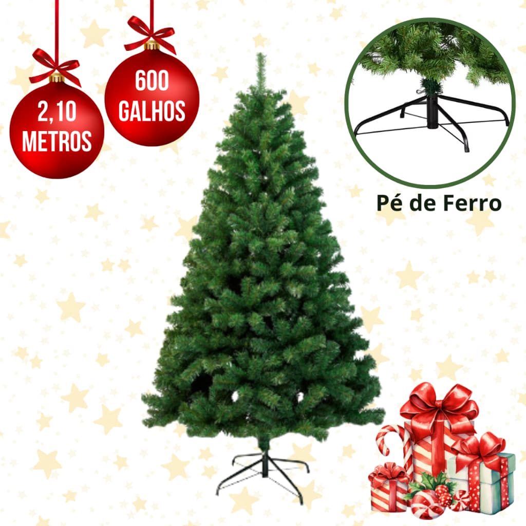 Árvore De Natal 2,10m 600 Galhos Cheia Luxuosa Pinheiro Verde Pé De Metal